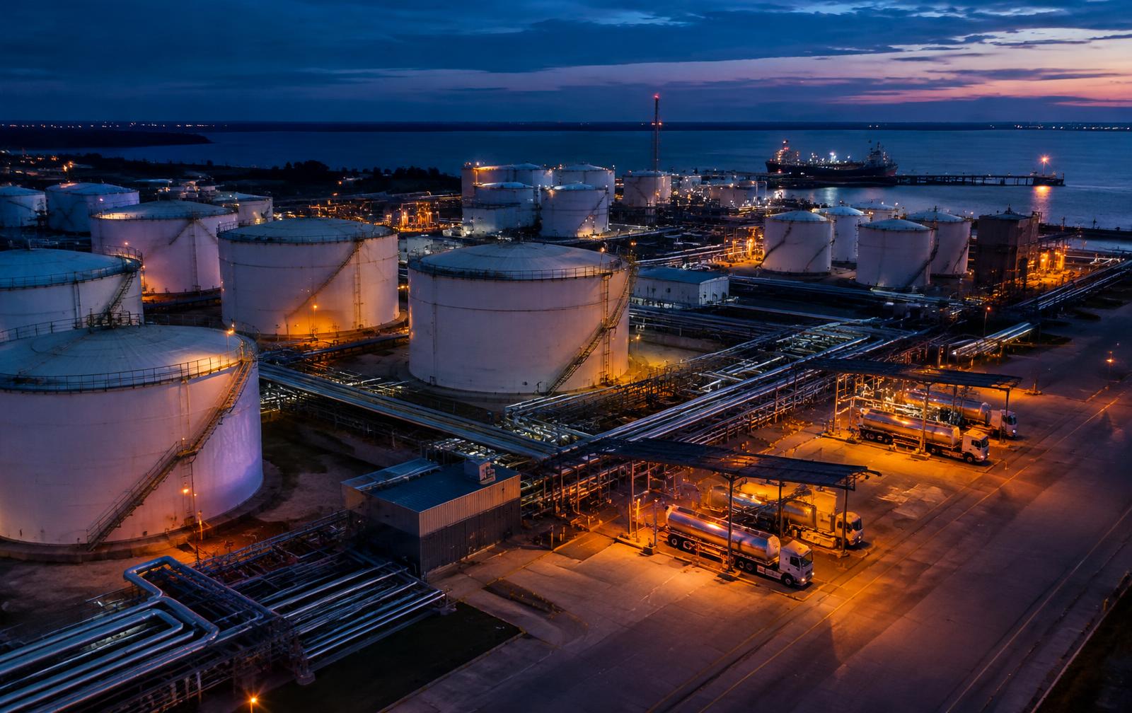 Terminal de armazenagem de combustíveis ao entardecer